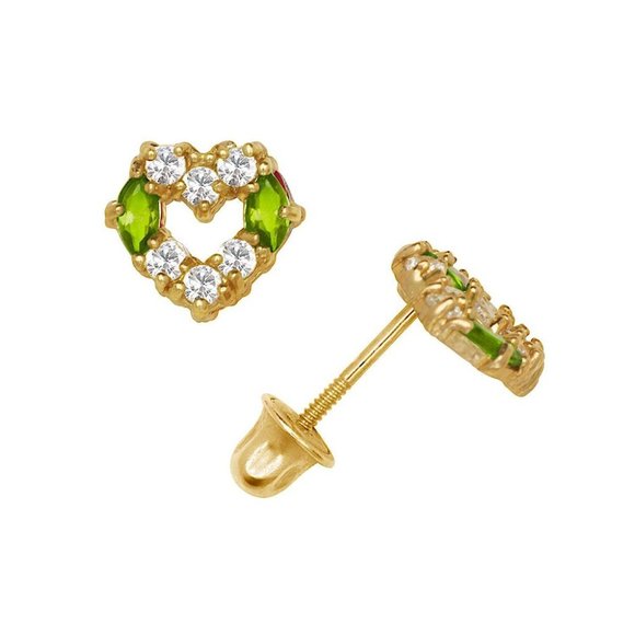 14K Solid Yellow Gold Heart Earrings Set With Cz And Marquise Shape Screw Backs - Picture 8 of 10